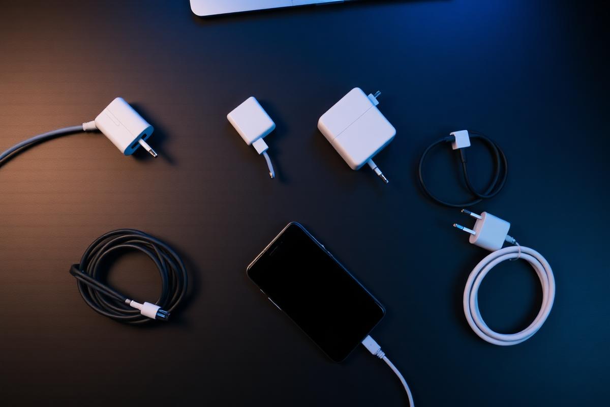 Charging cables and plug chargers arranged on a desk