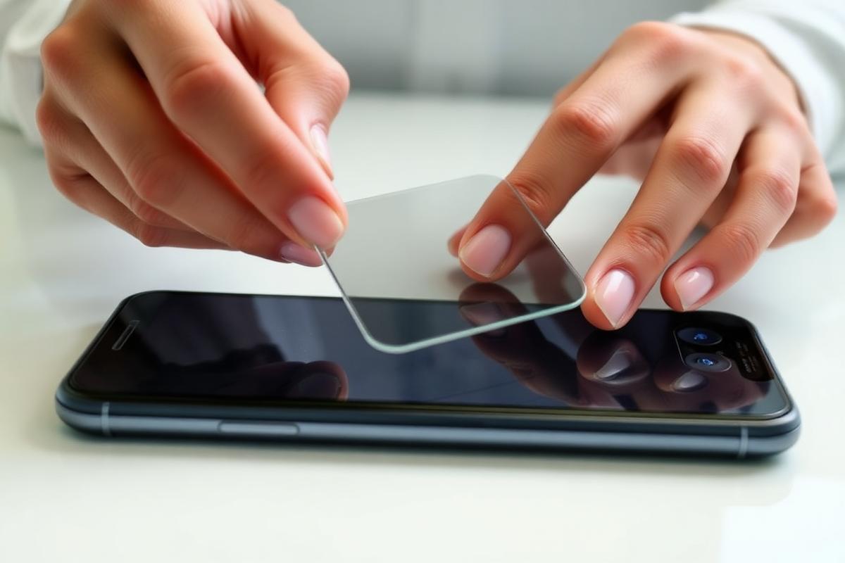 Tempered glass screen protector being applied to a phone